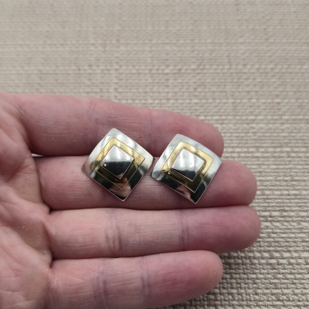 Sterling Silver Two Tone Pattern Solid Earrings A… - image 1